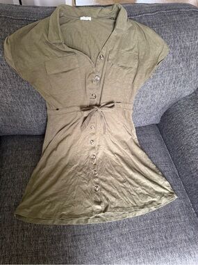 Ardene Olive Green Button-Front Tie-Waist Mini Dress